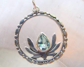 Blue Topaz Lotus Flower Sterling Silver Charm, Small Gemstone Pendant, December Birthstone, USA Seller