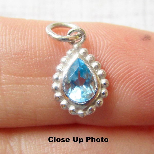 AAA Swiss Blue Topaz Pear Sterling Silver Charm, Tiny Gemstone Pendant, Birthstone Birthday Gift, Minimalist Jewelry, Solitaire Charm