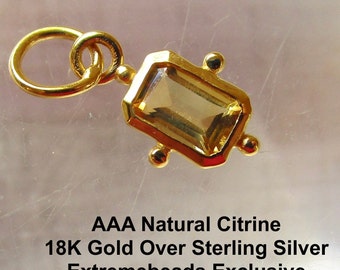 AAA Citrine Gemstone Rectangle Charm, 18kt Gold Sterling Silver, Tiny Minimalist Baguette Pendant, Octagon Gemstone, DIY Birthstone Jewelry