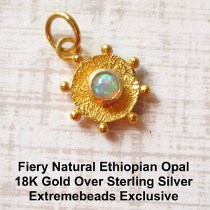 Fiery Natural Ethiopian Opal 18K Gold Vr Gemstone Charm, Etruscan Modern Texture 18KT Gold Over Sterling Silver Pendant