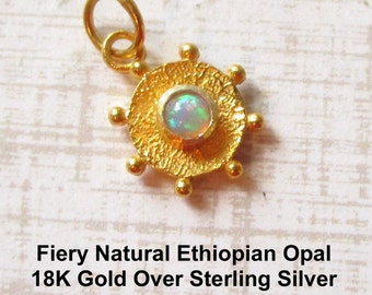 Fiery Natural Ethiopian Opal 18K Gold Vr Gemstone Charm, Etruscan Modern Texture 18KT Gold Over Sterling Silver Pendant