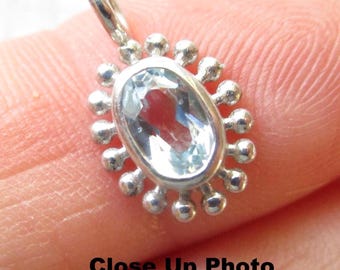 Sky Blue Topaz Solitaire Sterling Silver Charm, Dotted Tiny Oval Gemstone Pendant, Birthstone Jewelry,