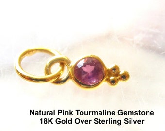 Natural Pink Tourmaline Gemstone Tiny Round Charm, 18KT Gold Over Sterling Silver, Minimalist Tiny Pendant, Birthday Birthstone Gift