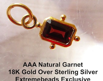 Natural Garnet Gemstone Baguette Charm, 18kt Gold Sterling Silver, Tiny Rectangle Pendant, January Birthstone, Earring Charm, Birthday Gift