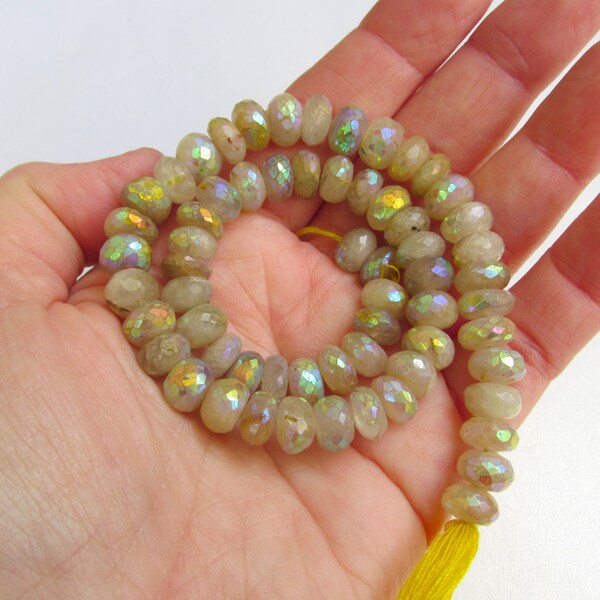 Large Chubby Gold Rutilated Quartz Mystic Titanium Rainbow Rondelle Beads 1/2 Strand 9mm
