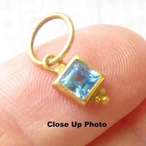 Tiny Blue Topaz Square Charm, 18 kt Gold Sterling Silver, Artisan Gold Pendant , Faceted Semi Precious Stone