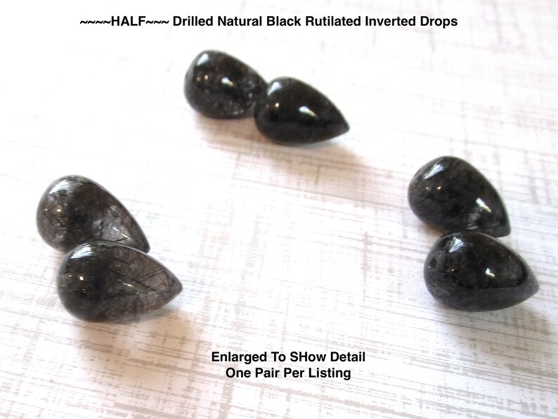 SALE Half Drilled Black Tourmalated Rutilated Quartz Beads Matched Pair Inverted Teardrop Acorn Beads 10mm x 16mm Quartz Pair