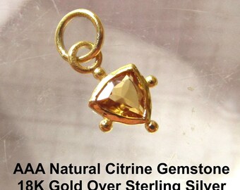 Natural Citrine Gemstone Triangle Charm, 18 Kt Gold Over Sterling Silver, Dainty Minimalist Trillion Solitaire Pendant,