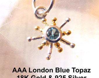 London Blue Topaz Mid Century Modern Gemstone Charm, Two Tone 18K Gold 925 Silver Pendant, Mixed Metal Atomic Sun Star, Birthday Gift