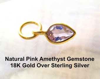 Pink Amethyst Gemstone Tear Drop Charm, 18K Gold Vermeil Sterling Silver, Tiny Minimalist Dainty Pear  Pendant,