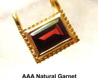 AAA Garnet Rectangle Charm, 18 kt Gold 925 Silver, Baguette Gemstone Pendant, January Birthstone,