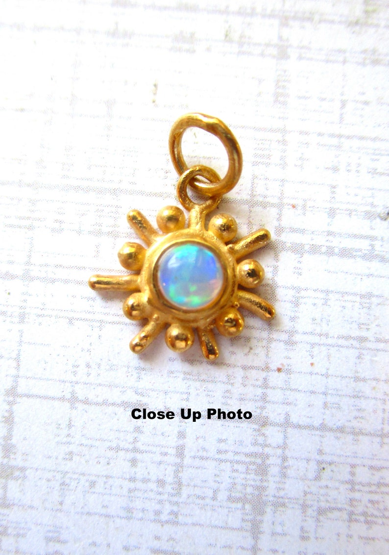 Fiery Ethiopian Opal Mid Century Modern Gemstone Charm, 18K Gold 925 Silver Pendant, Atomic Sun Charm, October Birthstone Gift image 8
