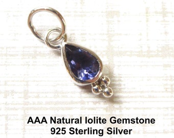 AAA Iolite Pear Gemstone Solitaire Charm, 925 Sterling Silver, Natural Blue Gemstone Minimalist Pendant, DIY Dainty Pendant For Necklace
