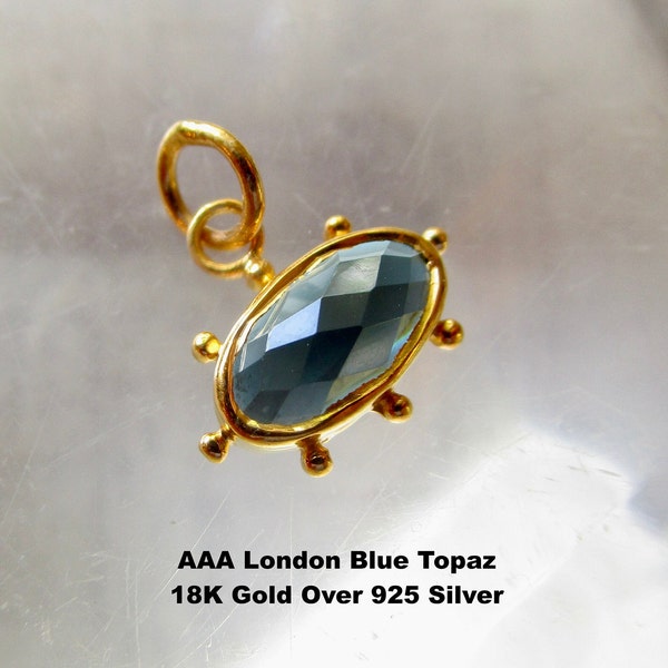 AAA Rose Cut London Blue Topaz Charm ,East West Oval Gemstone, Birthstone Pendant Gift, 18K Gold Plated 925 Silver,