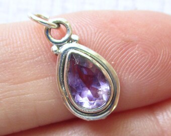 Amethyst Sterling Silver Teardrop Charm, Tiny Pear Gemstone Pendant, Birthstone Jewelry, USA Seller