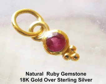 Natural Ruby Gemstone Tiny Round Charm, 18KT Gold Over Sterling Silver, Minimalist Tiny Pendant, July Birthstone, Birthday Gift