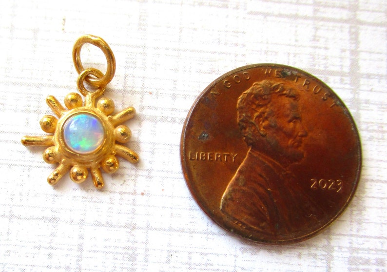 Fiery Ethiopian Opal Mid Century Modern Gemstone Charm, 18K Gold 925 Silver Pendant, Atomic Sun Charm, October Birthstone Gift image 2