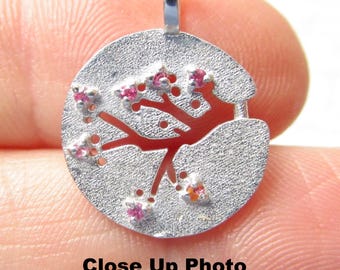 Cherry Blossom Sterling Silver Pendant: Pink Tourmaline Gemstone Tree Charm