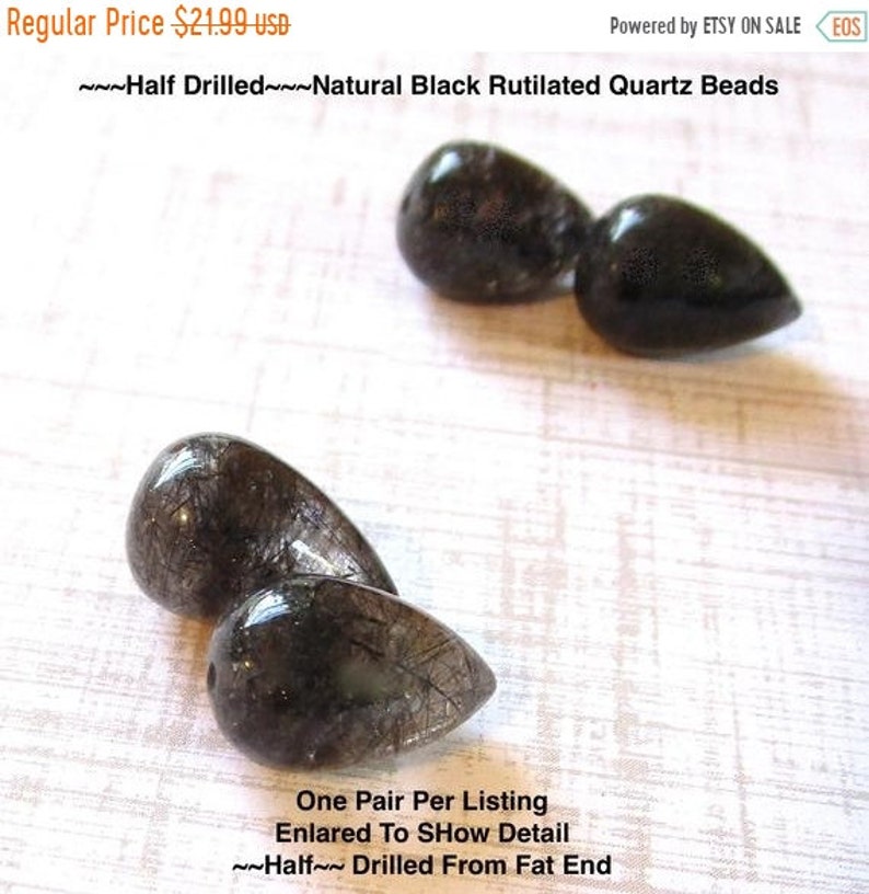 SALE Half Drilled Black Tourmalated Rutilated Quartz Beads Matched Pair Inverted Teardrop Acorn Beads 10mm x 16mm Quartz Pair