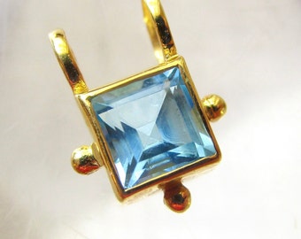 Swiss Blue Topaz Gemstone Square Charm, 18kt Gold Over Sterling Silver, Tiny Minimalist Pendant, Birthstone Birthday Gift