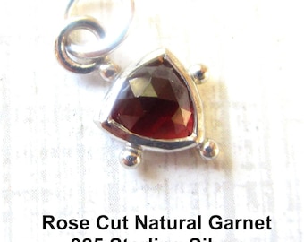 Rose Cut Natural Garnet Triangle Charm Sterling Silver, Tiny Solitaire Pendant, Dainty Minimalist Trillion,  Gemstone Charm