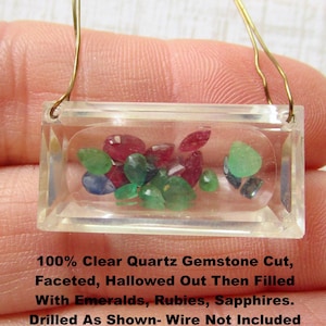 Emerald Ruby Sapphire Shaker Pendant, East West Rectangle Gemstone, Natural Clear Quartz, DIY Necklace