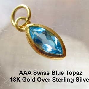 AAA Swiss Blue Topaz Marquise Gemstone Charm, 18kt Gold Over 925 Sterling Silver, Dainty Solitaire Pendant, Navette Shape Gemstone