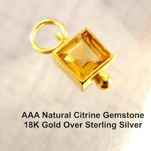 Natural AAA Citrine Gemstone Square Charm, 18kt Gold Vermeil  Minimalist Necklace Pendant, DIY Dainty Jewelry Supplies, One Charm