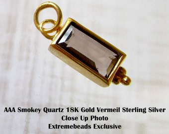 Baguette Gemstone Charm Pendant, 18Kt Gold Vermeil Sterling Silver, 5mm x 10mm Smokey Quartz, Rectangle Gemstone, Birthday Gift Her