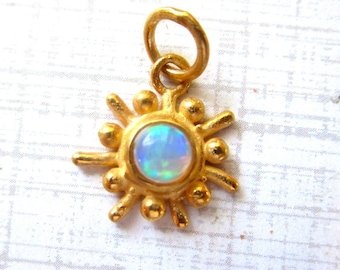 Fiery Ethiopian Opal Mid Century Modern Gemstone Charm, 18K Gold 925 Silver Pendant, Atomic Sun Charm, October Birthstone Gift