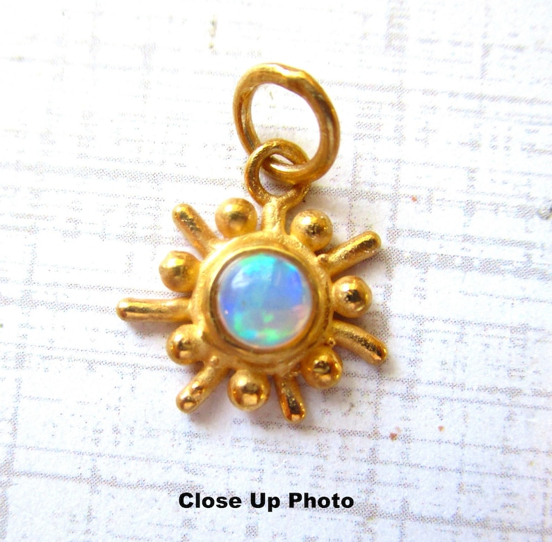 Fiery Ethiopian Opal Mid Century Modern Gemstone Charm, 18K Gold 925 Silver Pendant, Atomic Sun Charm, October Birthstone Gift image 1