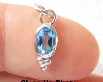 AAA Swiss Blue Topaz  Sterling Silver Charm, Tiny Oval Gemstone Pendant, USA Seller