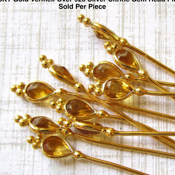 Citrine Gemstone Head Pin, 18Kt Gold vermeil 925 Sterling Silver,  Jewelry Findings,  3 Inch 24 Gauge, 1 Head Pin