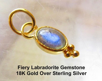 Fiery Labradorite Gemstone Charm, 18K Gold Vermeil Sterling Silver, Tiny Gemstone Oval Pendant, Dainty Minimalist Charm, Birthday Gift