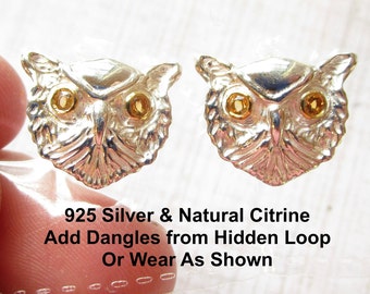 925 Silver Owl Citrine Gemstone Eyes Post Earring Pair, 18kt gold Two Tone, Jewelry Finding, Animal Lover Gift , Birthstone Birthday Gift