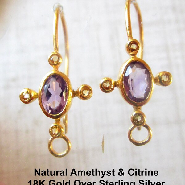 Natural Amethyst Citrine Earring Earwire Pair, Sterling Silver 18K Gold , Multi Gemstone Jewelry Supplies, Birthstone Gift