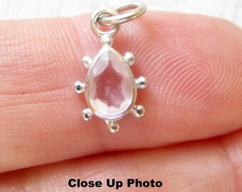 Teardrop Rose Quartz Gemstone Charm, 925 Sterling Silver Pear Pendant, Tiny Gemstone Charm, Birthday Jewelry Gift Women