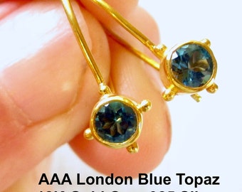 AAA London Blue Topaz Gemstone Earwire Earring Pair, 18K Gold Sterling Silver, Hidden Loop To Dangle Gems, Ear Wire Hook Jewelry Supplies