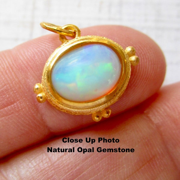 Etruscan Ethiopian Opal Oval Gemstone Solitaire Charm, 18KT Gold 925 Silver,  Welo Opal Pendant, Birthstone Jewelry Gift