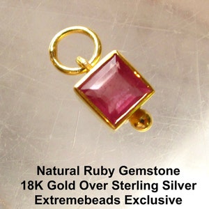 Natural Ruby Gemstone Square Dainty Charm 18Kt Gold VR, Tiny Minimalist Pendant, July Birthstone, 18Kt Gold Vermeil Over Sterling Silver