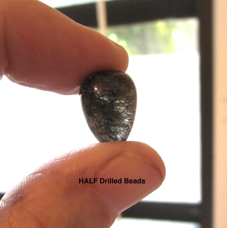 SALE Half Drilled Black Tourmalated Rutilated Quartz Beads Matched Pair Inverted Teardrop Acorn Beads 10mm x 16mm Quartz Pair