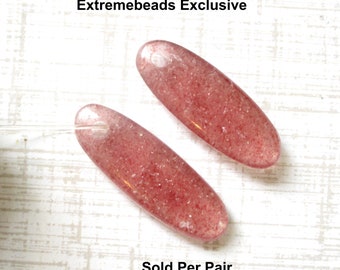 Natural Rare Pink Strawberry Quartz Briolette Beads, 2 Gemstones, Elongated Oval 8mm x 22mm, Large 2mm Hole Beads, Lepidocrocite