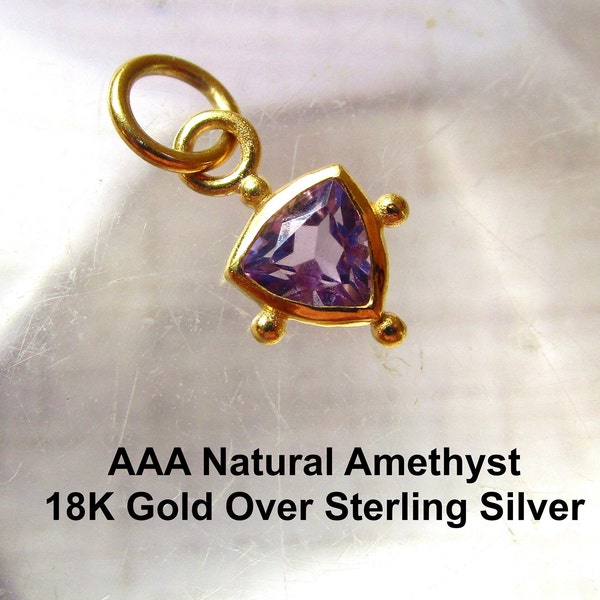 AAA Natural Amethyst Gemstone Trillion Charm, 18 Kt Gold Over Sterling Silver, Dainty Triangle Pendant, February Birthstone