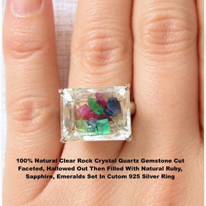 Natural Ruby Sapphire Emerald Sterling Silver Ring, Shaker Floating Gemstones In Natural Clear Quartz, Size 7.5,  Rectangle Shape