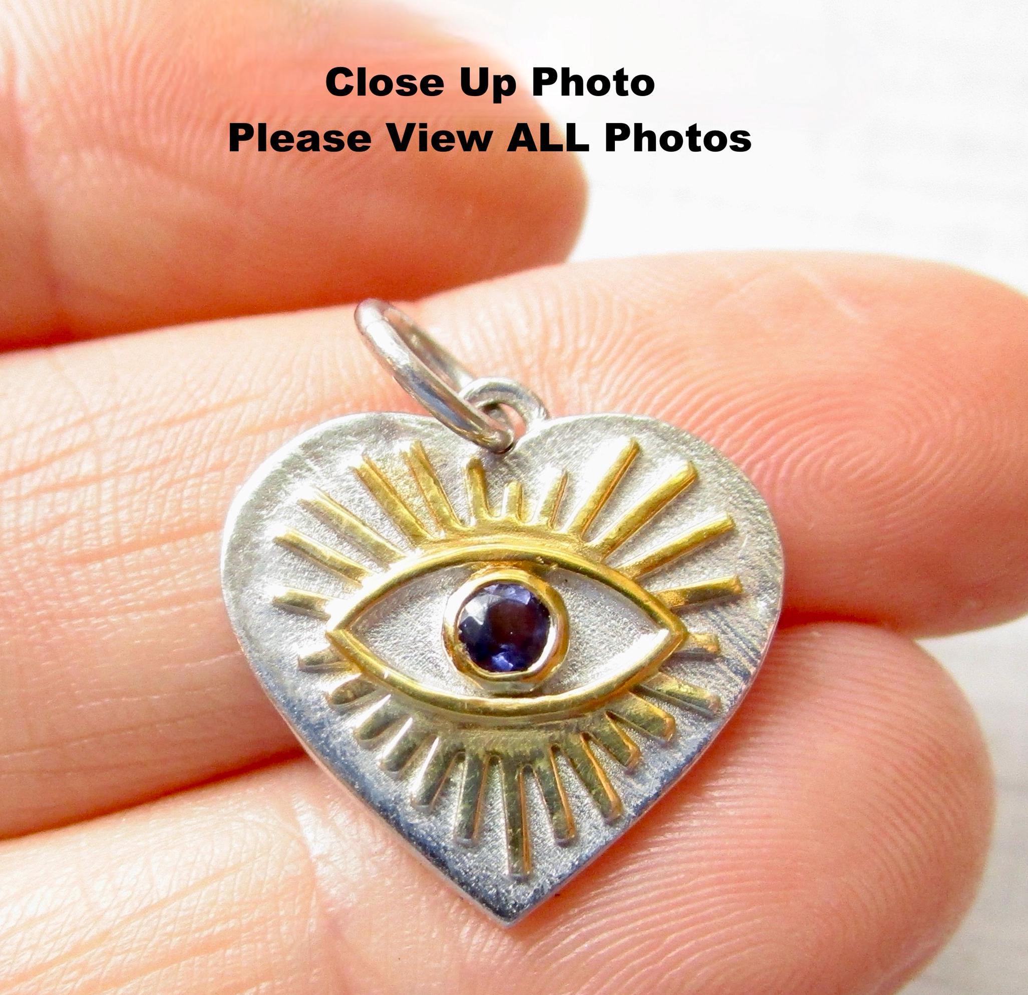 Blue Eye Evil Eye Heart Charm, Sterling Silver 18k Gold Two Tone, Iolite Gemstone Pendant, Mixed Metal Jewelry, Seeing Eye,