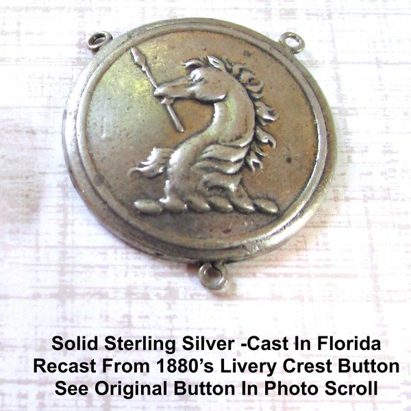 925 Silver Horse With Scepter Family Crest Pendant, Artisan Recast 1880's British Coat Of Arms, Wax Seal Seahorse Charm