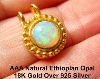 Ethiopian Opal Round Solitaire Gemstone charm, 18kt Gold Vermeil Sterling Silver Pendant, Large Double Loop Bail,  DIY Layer Necklace