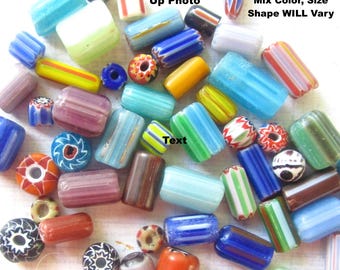 Chevron African Trade Bead Lot, 50 Beads, Vintage Venetian Glass Lampwork Beads, Striped Trade Beads, Mix Size Beads Lot