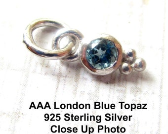 London Blue Topaz Tiny Round Charm, 925 Sterling Silver, Minimalist Tiny Gemstone Pendant,  DIY Dainty Necklace, Birthday Birthstone Gift