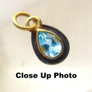 Swiss Blue Topaz Teardrop Charm, Two Tone 18K Gold Oxidized Sterling Silver, Mixed Metal Pendant, Artisan Tiny  Pear Gemstone